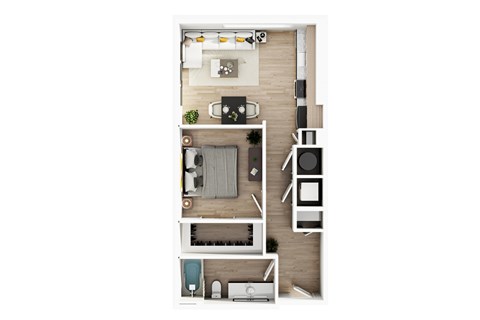 A top-down view of a small apartment with a kitchen, living room, and bathroom.
